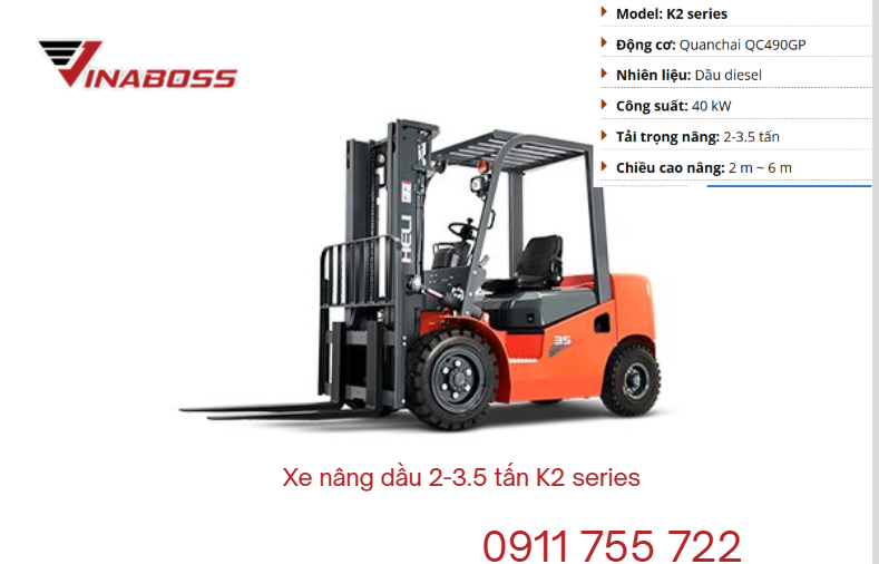 Xe nâng dầu 2-3.5 tấn K2 series - Xe nâng đời mới chất lượng cao